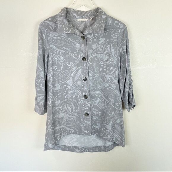 Soft Surroundings Grey Button Down Blouse Lagenlook Artsy Small Paisley - Picture 1 of 8